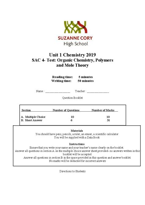 Unit 1 Chemistry 2019 SAC 4 Solutions: Organic Chem, Polymers & Mole ...