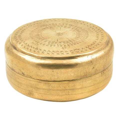 Handmade Round Brass Roti Box With Cross Design On Engraved Lid