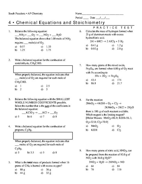 AP Chem Unit 4: Practice Test on Chemical Equations & Stoichiometry ...