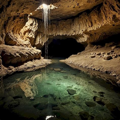 A cave with a boat in it and a reflection in it | Premium AI-generated ...
