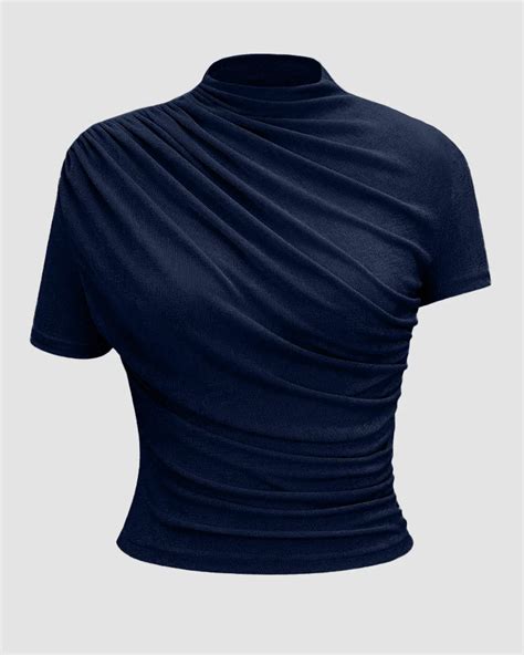 Mock Neck Ruched Short Sleeve Top in Dark Navy Blue- Littlebox India