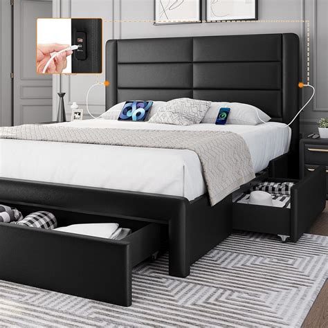 Amazon.com: Yaheetech Queen Size Bed Frame Platform with 2 USB Charging ...