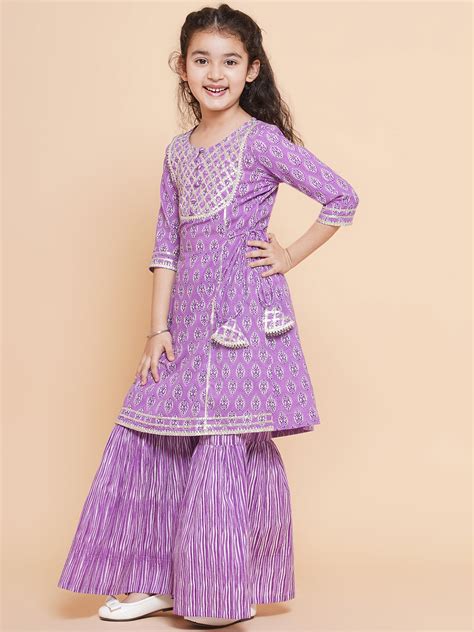Shop Bitiya by Bhama Girls Purple Printed Cotton Kurta with Sharara Online