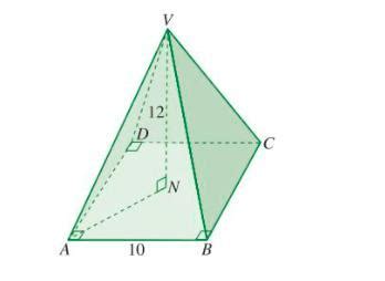 The diagram shows a right square-based pyramid VABCD with AB = 10 cm ...
