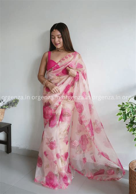 Cream And Pink Floral Organza Saree – Orgenza Store