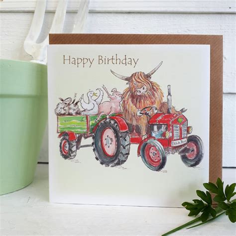 Buy Highland Cow Birthday Card: Tractor Ride, Watercolor Illustration ...