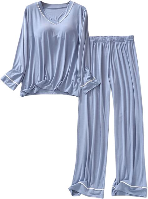 HGps8w Womens Built in Bra Pajamas Sets Casual Long Sleeve V Neck ...