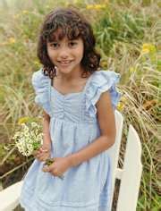 Girls Short Flutter Sleeve Linen-Blend Bow Back Dress - Linen Edit ...