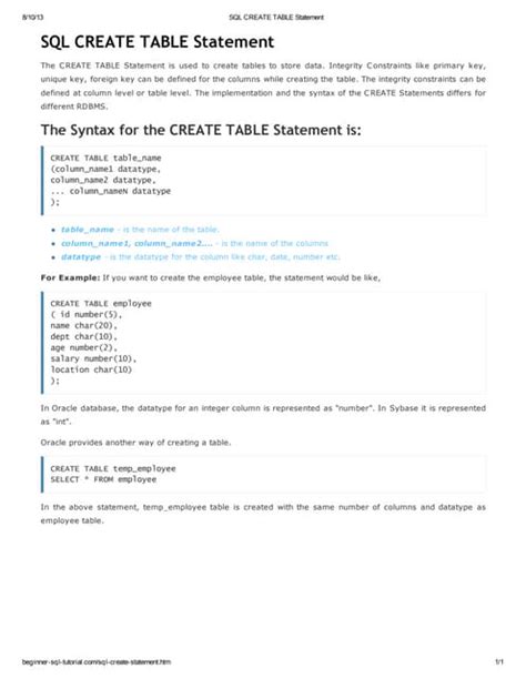 Create Table in SQL Statement 的图像结果