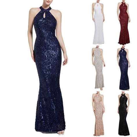 Horkkom Women Prom Dress Halter Neck Evening Gowns Sleeveless Sequin ...
