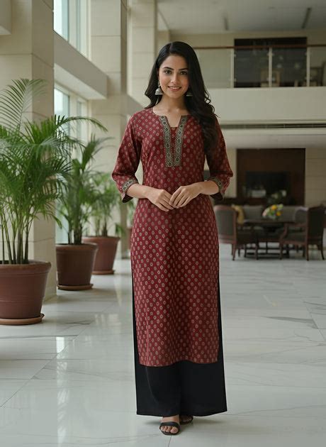 Maroon Printed Straight Kurta with Three Quarter Sleeves – Nayo Clothing