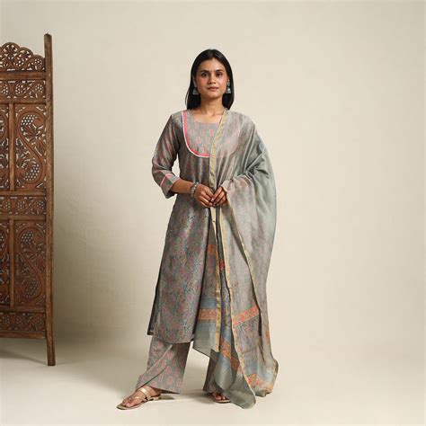 Grey Block Print Chanderi Silk Sanganeri Kurta Set