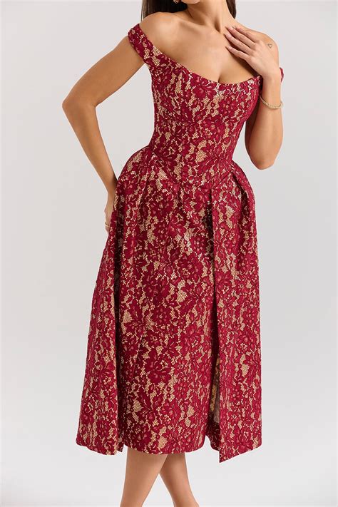 Marina Berry Lace Midi Off Shoulder Dress – OUTCAST
