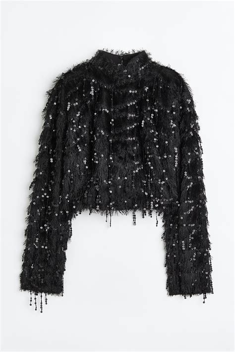 Cropped sequined top - Black/Sequins - Ladies | H&M IN