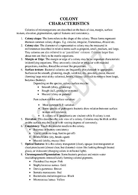 Colony characteristics - COLONY CHARACTERISTICS Colonies of ...