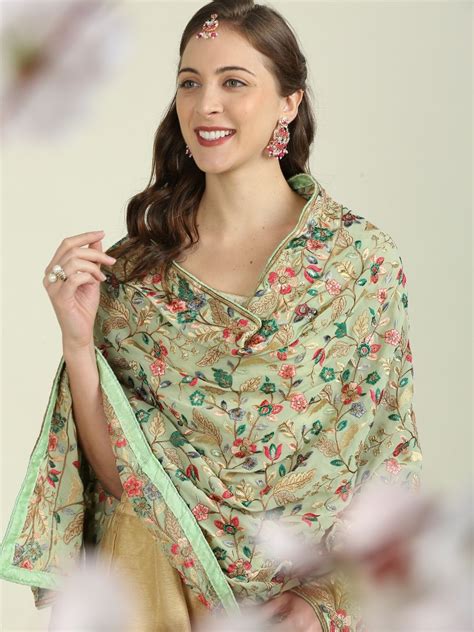 Pista Green Dupatta with Heavy Multicolour Embroidery – Dupatta Bazaar