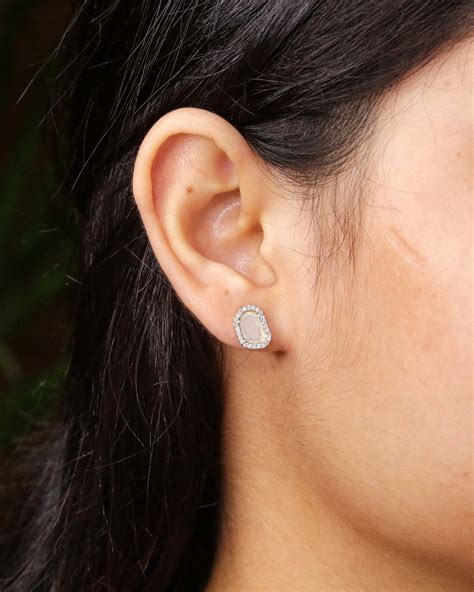 Solid 18K White Gold Natural Slice Diamonds Stud Earrings Jewelry ...