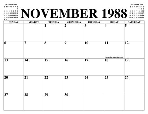 NOVEMBER 1988 CALENDAR OF THE MONTH: FREE PRINTABLE NOVEMBER CALENDAR ...