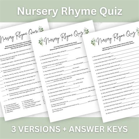 Nursery Rhyme Quiz Three Versions + Answer Keys | Nursery Rhyme Game ...