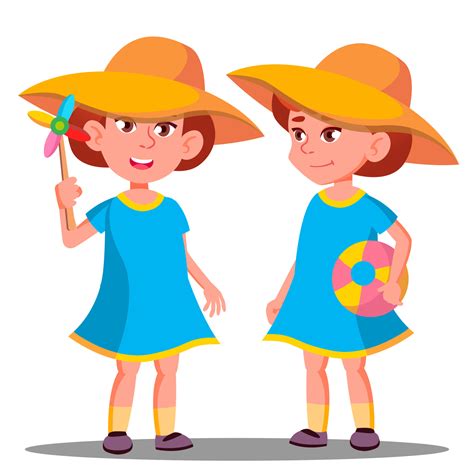 Smiling Little Girl In A Big Hat On The Beach Vector. Isolated ...