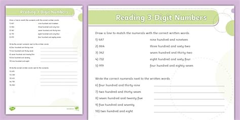 Reading 3-Digit Numbers Worksheet / Worksheet