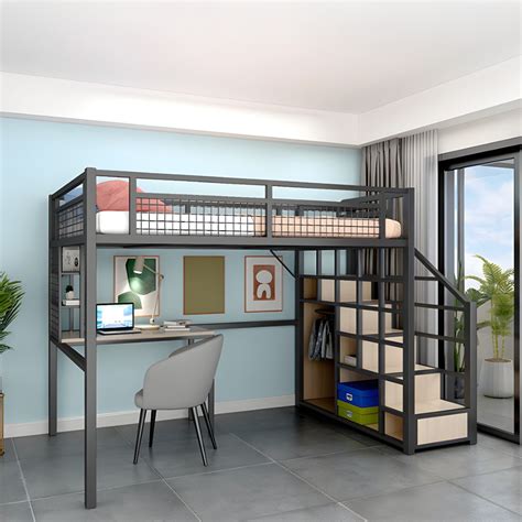 Contemporary Metal Loft Bed Wire-Grid Iron Bed Frame with Staircase ...