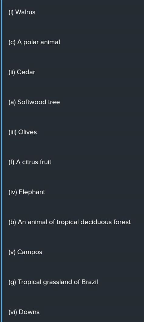 Match the following: 1. Emu 2. Rosewood 3. Mink 4. Savannas 5. Tundra ...