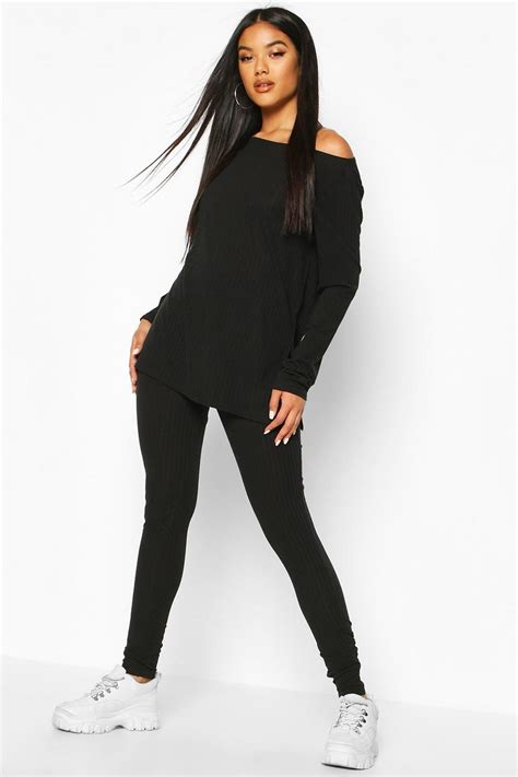 Rib Knit Slash Neck Side Split Set | boohoo UK