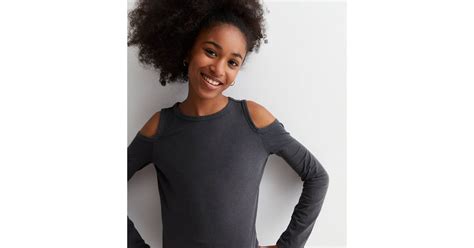 Girls Dark Grey Ribbed Cold Shoulder Top | New Look