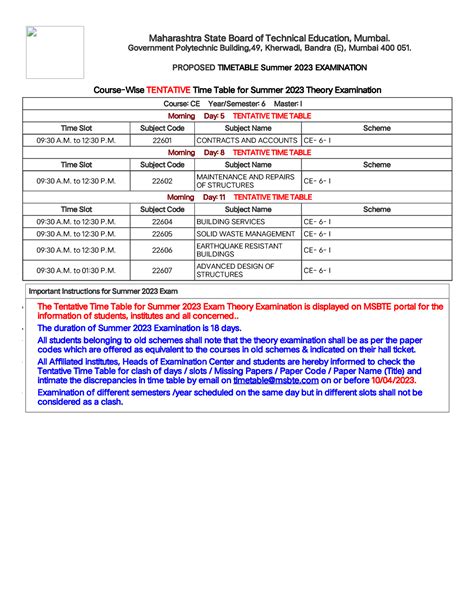 Time Table for Summer 2023 Theory Examination 6th Semester ...