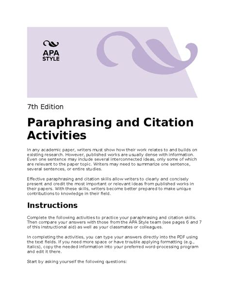 Effective Paraphrasing & Citation Skills (APA 7th Edition) - Studocu