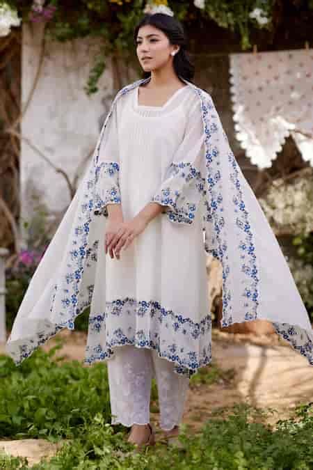 Buy White Cotton, Cotton, Daisy Fields Border Kurta Set For Women by ...