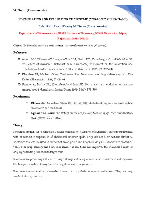 Formulationandevaluationofniosome - M. Pharm (Pharmaceutics) 1 ...