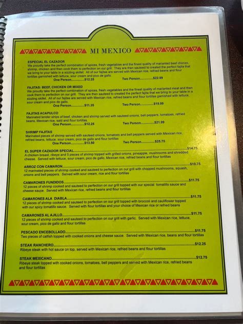 Menu at Mi México restaurant, Mount Vernon