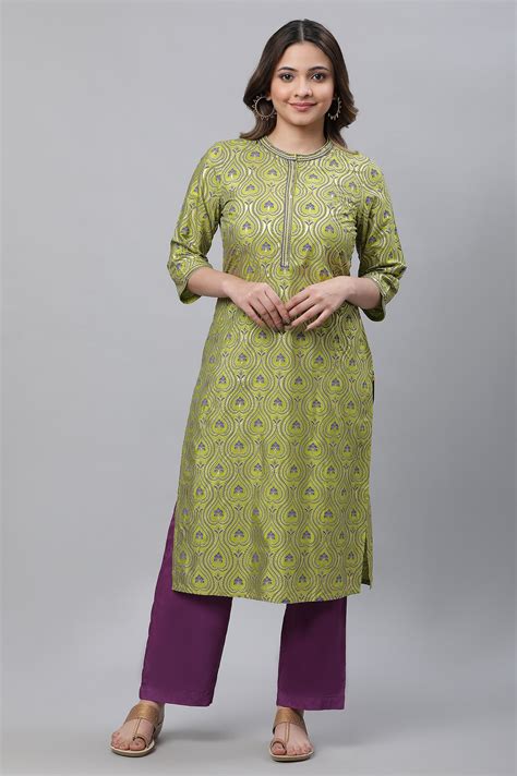 Buy Green Foil Printed Embellished Straight Kurta and Palazzo Set ...