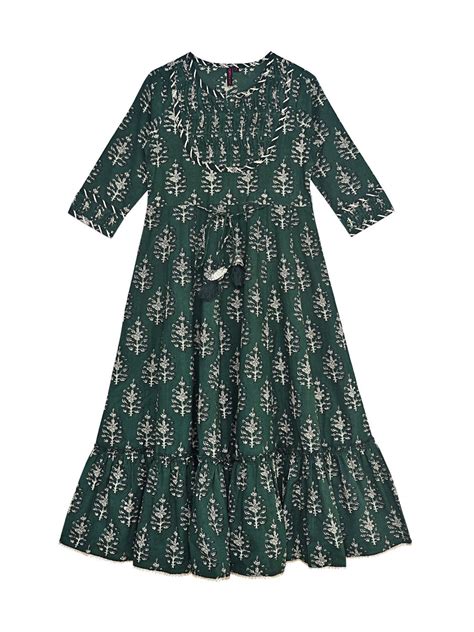 Buy Ishin Girls Green Block Printed Tiered Dress Online