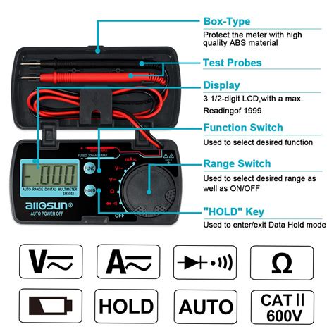 ALLOSUN Pocket Size Digital Multimeter Auto Range Multi Tester (EM3082 ...