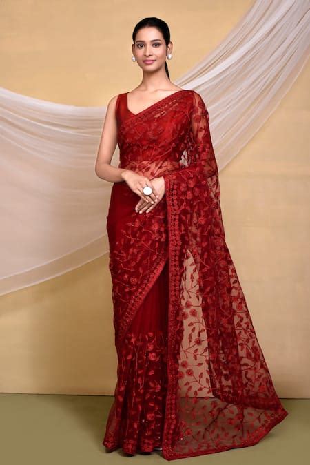 Buy Maroon Net Floral Vine Tonal Embroidered Saree With Unstitched ...