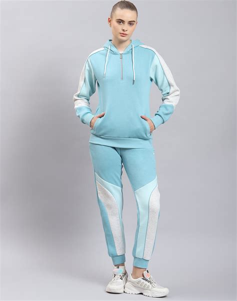 Buy Women Turquoise Blue Solid Hooded Full Sleeve Tracksuit Online in ...