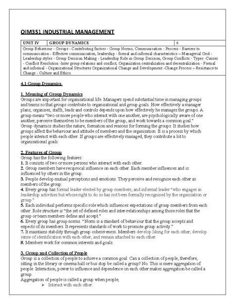 OIM351 Industrial Management: Unit IV Group Dynamics Overview - Studocu