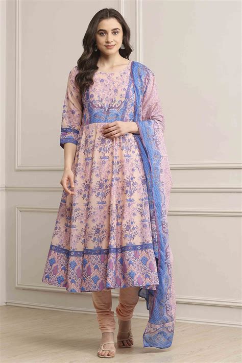 Buy Blue Cotton Printed Anarkali Suit Set Online at Biba India