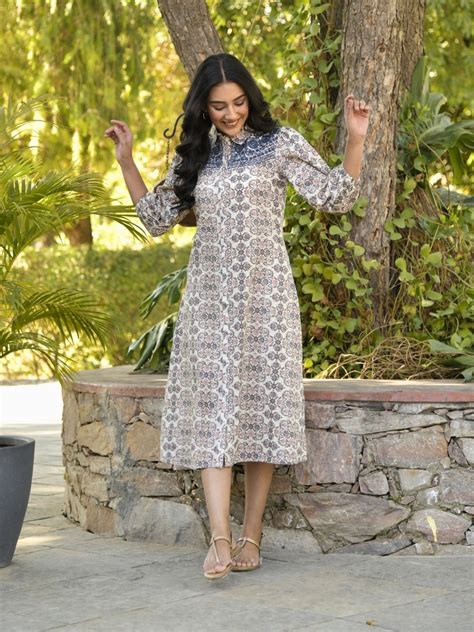 Cream Ethnic Motifs Print Shirt Dress with Yoke Embroidery – Saffron ...