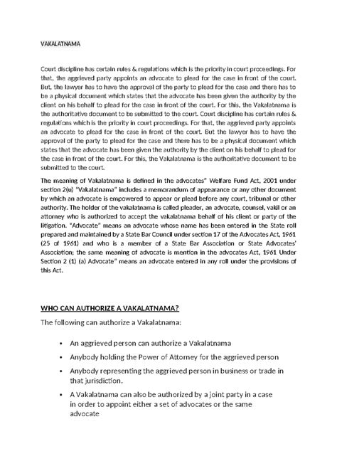 Vakalatnama - VAKALATNAMA Court discipline has certain rules ...