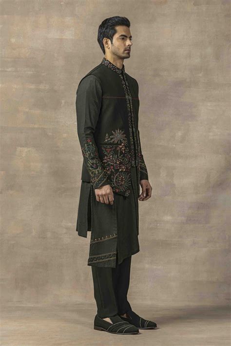 Forest Green Waistcoat With Panel Kurta And Pants – Sarab Khanijou