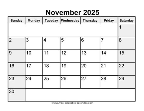 Printable November 2025 Calendar