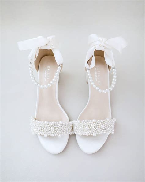 Satin Block Heel Wedding Sandals with Perla Applique and All Pearls Strap | Wedding sandals ...