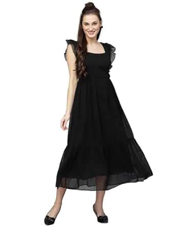 Buy Sugathari Georgette Jacquard Butti Black Square Neck Knee Length ...