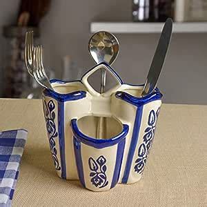 Buy StyleMyWay Handpainted Blue Ceramic Kitchen Cutlery Stand | Pen ...