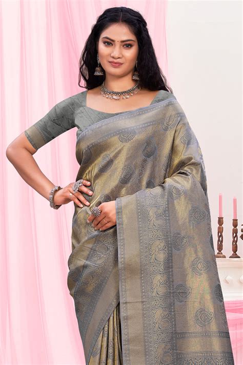 Buy Pewter Grey Kanjivaram Silk Saree online-Karagiri