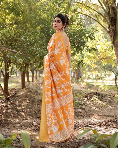 Yellow Color Floral Printed Cotton Silk Saree – PushpDhan